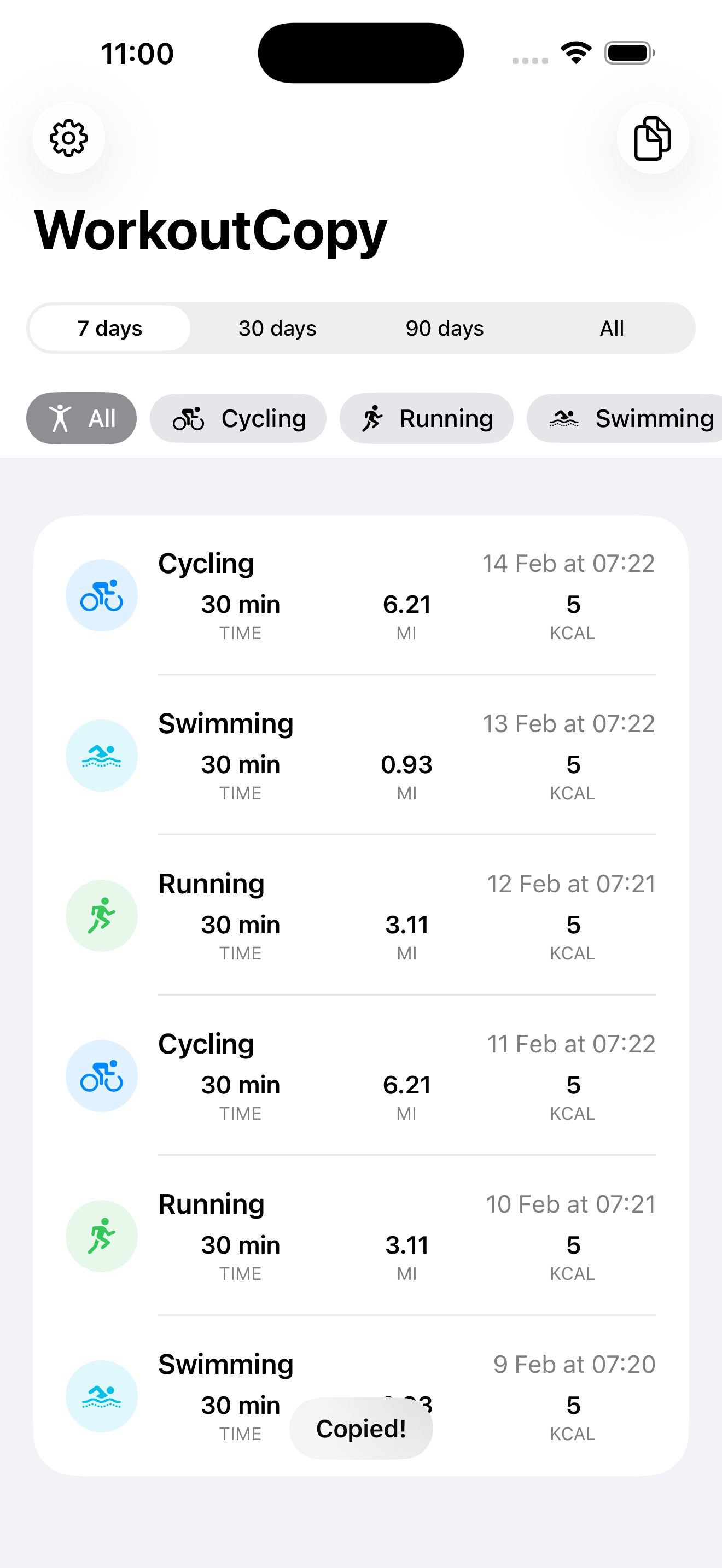 WorkoutCopy showing the Copied confirmation after copying workout data
